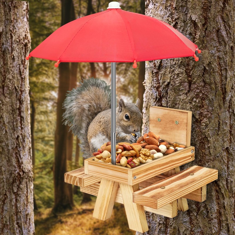 Carbonized Wood Squirrel Feeder with Umbrella, Squirrel Feeders for Outside