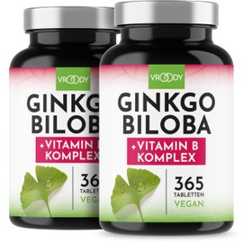 Vroody Vegan Ginkgo Biloba Extract 6000mg high dose - with vitamin B12 helps reduce fatigue and tiredness - small tablets that are easy to take.