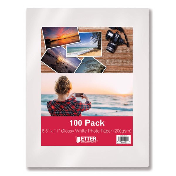 Glossy Photo Paper, 8.5 x 11 Inch, 100 Sheets, Better Office Products, 200 gsm, Letter Size, 100-Count Pack