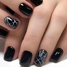 Black Press on Nails Short Square Fake with Marble Stripes Designs Black Full Cover False Nails Press ons Acrylic Glue on Nails Glossy Stick on Nails for Women Girls 24 Pcs