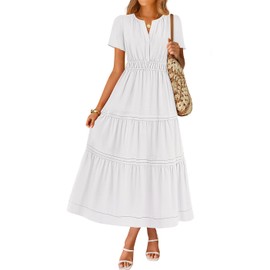ZESICA Women's Summer Casual Midi Dresses 2025 Short Sleeve V Neck Elastic Waist Elegant Boho Flowy Long Dress with Pocket, White, Medium
