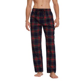 Lavenderi Men’s Soft Woven Cotton Pajama Pants, Long Pajama Bottoms with Drawstring and Pockets, Navy Red Plaid, X-Large