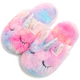 Kids Unicorn Slippers Cute Soft Fluffy Fuzzy Plush Slip on for Girls Indoor House Home Fur Slides Unicorn Gifts for Kids (3.5-5.5, Rainbow, numeric_3_point_5)