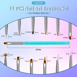 Lokaloka 12 Stück Nagel Pinsel Set für Gelnägel Nagellack Nailart Nail Art mit Ombre Brush, Pinselset French Fein Dünn Fineliner Oval Fächer Flach Blumen für UV Gel Neonail Acryl Nageldesign Profi