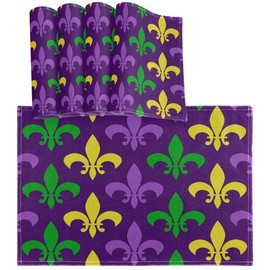 Oarencol Mardi Gras Fleur De Lis Colorful Placemat Table Mats Set of 4, Heat-Resistant Washable Clean Kitchen Place Mats for Dining Table Decoration