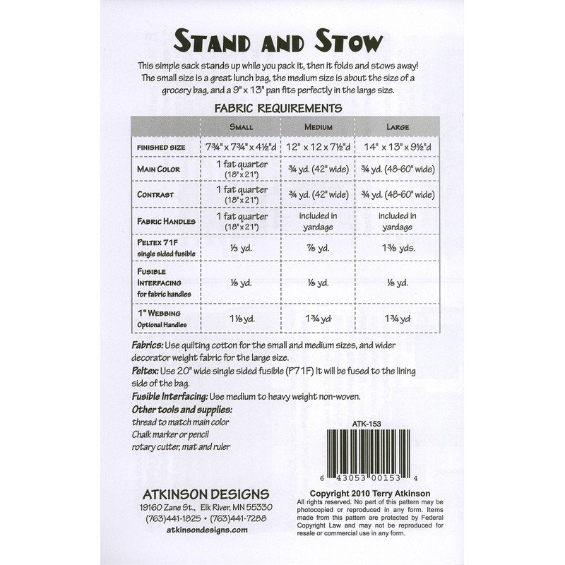 Atkinson Designs Stand and Stow Tote Bag Pattern