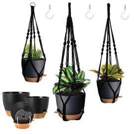 Bouqlife 3 Pack Self Watering Hanging Planters Macrame Plant Hangers with Indoor Flower Pots, 3 Different Size Hanging Basket, Plant Hanger with Hooks for Garden Home Decor Black
