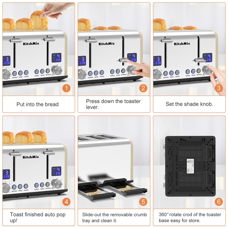 Toaster 4 Slice, KitchMix Bagel Stainless Toaster with LCD Timer,