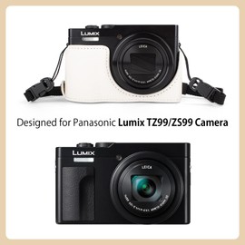 MUZIRI KINOKOO Case for Panasonic Lumix DC-ZS99 Digital Camera, PU Leather Protective Cover for Lumix ZS99, Detachable Carrying Case with Adjustable Shoulder Strap - White