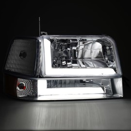 DimFlux LED DRL Headlight Assembly, Headlights Kit Compatible with 1992-1996 Ford F150 F250 F350/1992 1993 1994 1995 1996 Bronco Replacement Headlamp Black Housing Clear Reflector
