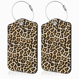 Leopard Print Set of 2 Luggage Tags for Suitcases Cheetah Leather Suitcase Tags Identifiers with Privacy Name Address Label and Stainless Steel Loop for Women Men Travel Luggage Accessories
