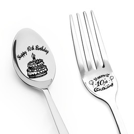 Happy 10th Birthday Gift for Daughter Son Spoon Fork Set for Brother Sister 10 Yrs Old Birthday Gifts for Friends Engraved Fork Spoon for Boys Girls 10 Year Old Birthday Presents for Grandkids
