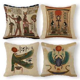 Ancient Egyptian Art Horus Falcon Sun God Ra Linen Throw Pillow Case, 18 x 18 Inch Set of 4, Egyptian Theme Room Decor,Gift for Egyptian Lovers, Egyptian Cushion Cover for Sofa Couch Bed