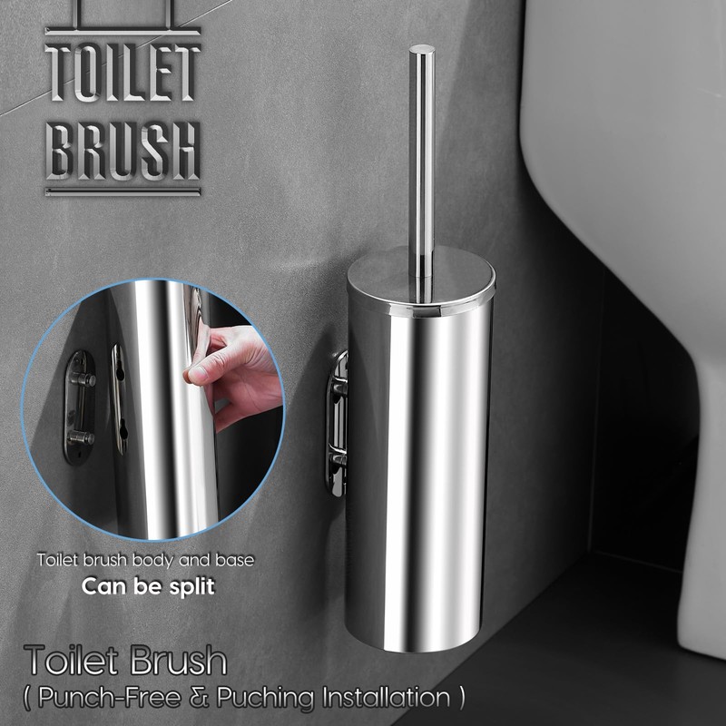 Toilet Brush and Brush Holder, Stainless Steel No-Punch Hook Base