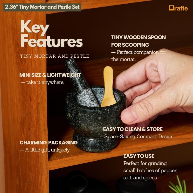 Orafie 2.4" Tiny Mortar and Pestle Set with Wooden Spoon,