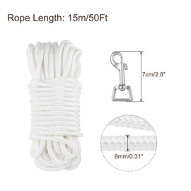 sourcing map 60Ft Flag Pole Rope Kit, Flag Pole Halyards Rope 5/16" Thick with 2 Pcs Zinc Alloy Swivel Flagpoles Clips Hook(Silver), Nylon Flagpole Line Rope White