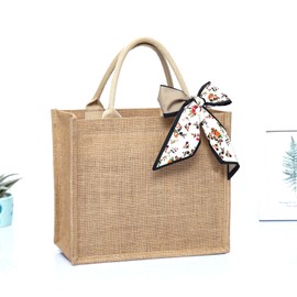 QIUPFGUT Jute Bag, Jute Tote Bag, Cotton Pocket Jute Shopper, Jute Bag, Women's Shopper, Large Shopping Bag with Handle, Shopping Basket, Tote Bag, Shopping Bag, 35x30x18cm