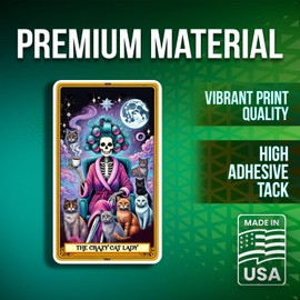 The Crazy Cat Lady Tarot Card Stickers - Funny Cat Mom Cat Lover Stickers - 5" On Longest Side - 2 Pack - High Adhesive Tack - Bumper Stickers for Cars, Truck, SUV - Made in USA - PLS045