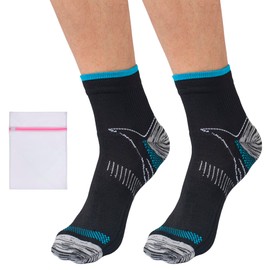 360 RELIEF Ankle Compression Socks - Supports Arch, Travel, Flight, Sports | with Mesh Laundry Bag (2Pairs-Black/Blue, S-M)
