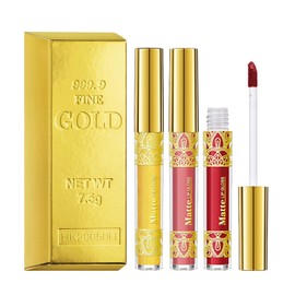 Gold Lipstick 3PCS Matte Lipstick Long Lasting Wear Non-Stick Cup Waterproof Gold Lip Gloss for Women (SET A)