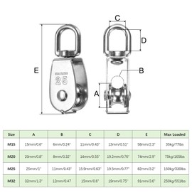 PATIKIL Single Pulley Block Load 165lbs M20, 3 Pack 304 Stainless Steel Swivel Lifting Pulley Roller for Hanging Lifting
