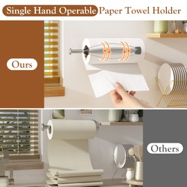 Paper Towel Holder Under Cabinet + Towel Robe Hooks, Single Hand Operable Under Cabinet Paper Towel Holder with Damping Effect Adhesive Wall Mount Paper Towel Rack for Bathroom Kitchen(Silver)