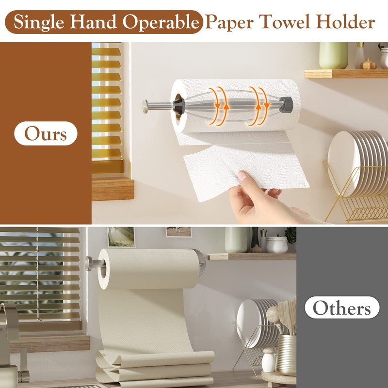 Paper Towel Holder Under Cabinet + Towel Robe Hooks, Single