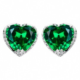 Hiqmic 925 Sterling Silver 4.5ct 8mm Heart shaped Earrings Ruby Emerald Sapphire Amethyst Zirconia Ear Stud Fashion White Gold Plated Jewelry Gifts for Women, Green