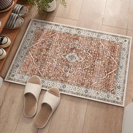 Deerly Washable Rug Small Area Rug 2'x3 for Entryway Kitchen Rug - Soft Rugs Boho Low Pile Non-Slip Rubber Backing Throw Rug Oriental Area Rug Fall Decor Rug(Border Brick Red 2x3ft)