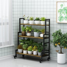 YIZAJIA Plant Stand Indoor 3 Tier Metal Board Outdoor Tiered Stands Shelf With wheel for Multiple Plants Potted Ladder Plant Holder Table Plant Pot Stand for Window Garden Balcony Living Room (3 Tier-Black+Metal)