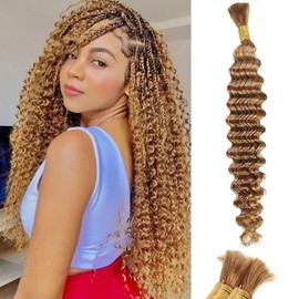 Blonde Human Braiding Hair Deep Water Wave Bulk Human Hair 50g 28 Inch Color 27 Curly Human Hair for Boho Braids Hair Extensions No Weft 1 Braids Per Pack Wet and Wavy