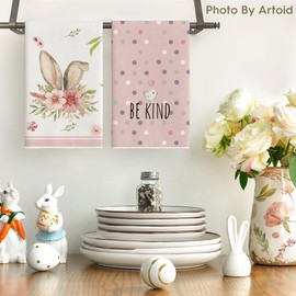 Artoid Mode Artoid Mode Pink Bunny Rabbit Ears Floral Leaves Easter Kitchen Towels Dish Towels, 18x26 Inch Be Kind Seasonal Decoration Hand Towels Set of 4