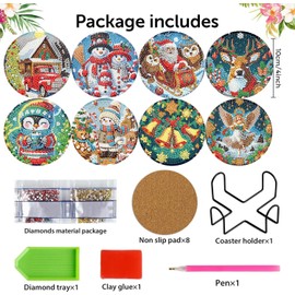 8 PCS Diamond Art Coasters Christmas Diamond Painting Coasters Kits Christmas Diamond Art Kits for Adults with Holder DIY for Beginners, Diamonds Art Crafts Supplies 4x4 in