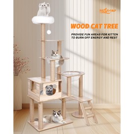 SEASAND Wooden Cat Tree, 65-Inch Cat Tower for Indoor Cats, Large Cat Nest with 15 Scratching Posts, 1 Perches, 1 Caves, 2 Transparent Space Capsule, Cat Furniture, Wood Color