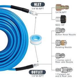 150 FT Sewer Jetter Kit for Pressure Washer, 5800PSI Water Jet Drain Cleaner Hose, 1/4 Inch NPT Corner with 4 Sewer Jetting Nozzles, Pearl Corsage Pin, Waterproof Tape, Handle Strap&2 Spanner (Blue)