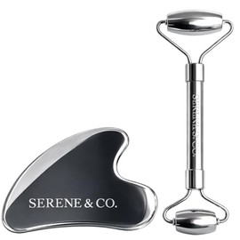 Serene & Co. Premium Stainless Steel Gua Sha & Face Roller Set – Facial Massage Tools for Skincare Routine – Cooling Metal Roller & Sculpting Gua Sha