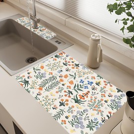 2Pcs Dish Drying Mats Faucet Mats Sets Large Size Coffee Mats Sink Faucet Mat Splash Guard for Kitchen Counter Bathroom Sink Coffee Bar Kitchen Decor (Wildflowers 2, 18"x24" 15" x 5.5"Set)