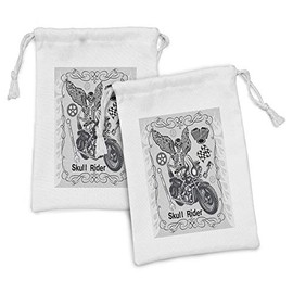 Lunarable Motorcycle Fabric Pouch Set of 2, Evil Hipster Dead Skull Skeleton Motorbike Rider Wings Drive to Hell Humor Image, Small Drawstring Bag for Toiletries Masks and Favors, 9" x 6", Grey Black