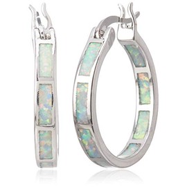 Life Stage White/Blue Created-Opal 925 Sterlg Silver Round Hoop Dangle Earrings Women's Fashion Jewelry White one Size
