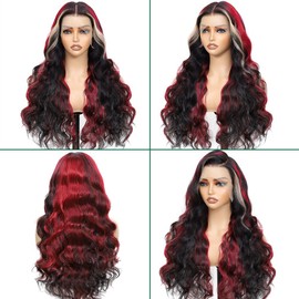 Aolvoblees Skunk Stripe Human Hair Wig Ombre 250% Density 13X4 Body Wave 1B/27/99J Highlight Burgundy HD Lace Front Frontal Glueless Colored Wigs Human Hair Pre Plucked for Black Women 28 Inch