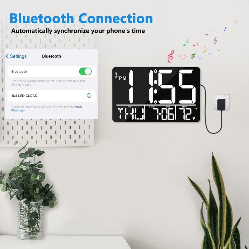 tawiliysy 13" Large Digital Wall Clock with Remote, Bluetooth Connection,