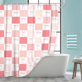 BATRUG Light Pink Bowknot Shower Curtain, Cute Light Pink White Bow Geometric Checkered Plaid Aesthetic Aabstract Shower Curtain Set, Princess Style Theme Bathroom Accessories Shower Curtain, 70X70IN