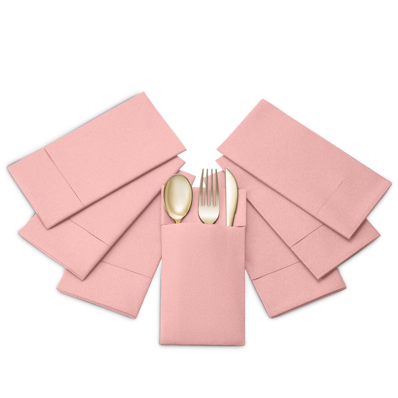 50-Pack Disposable Linen-Feel Dinner Napkins with Built-in Flatware Pocket, PINK