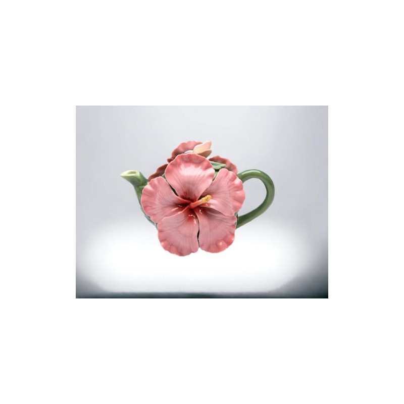 Fine Porcelain Pink Hibiscus Flower Teapot, 6 3/4" L