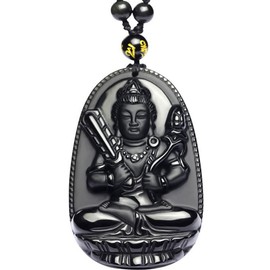 Good Luck Buddha Pendant Buddha Necklace Black Obsidian Necklace for Women Long Beaded Chain Imitate Jade Buddhism Jewelry(style02)