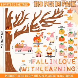 Whaline 109Pcs Fall Tree Paper Cutouts Autumn Boho Pink Fall Tree Maple Leaves Pumpkin Bulletin Board Decoration Set with 200Pcs Glue Points for Thanksgiving Harvest Party Classroom Decor