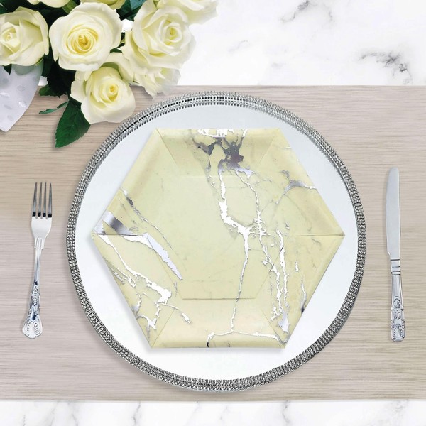Efavormart 25 Pack - 12" Ivory Dinner Paper Plates, Hexagon Disposable Plate With Silver Foil Marble Design - 400 GSM Perfect for Wedding Receptions, Banquets, Catered Events, and Business Parties
