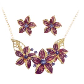 Zittop Fashion Women Crystal Flower Statement Gold Plated Necklace Earrings Jewelry Set (Wine Red)