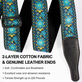 BestSounds Guitar Strap, Jacquard Embroidered Cotton Straps with Genuine Leather Ends Shoulder Strap for Bass, Acoustic, Electric Guitar (Retro Teal)