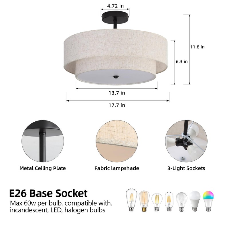 18" Semi Flush Mount Ceiling Light with Fabric Lampshade Modern
